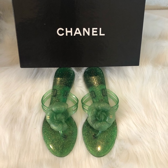 CHANEL Shoes - Chanel Camellia green gold glitter sandal